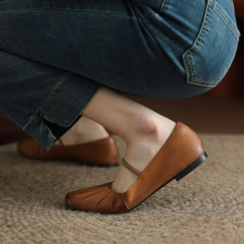 

French Style Woman Flats Square Toe Pleated Shoes Woman Retro Ballet Shoes Autumn Spring Mary Jane Sheepskin Real Leather Shoes