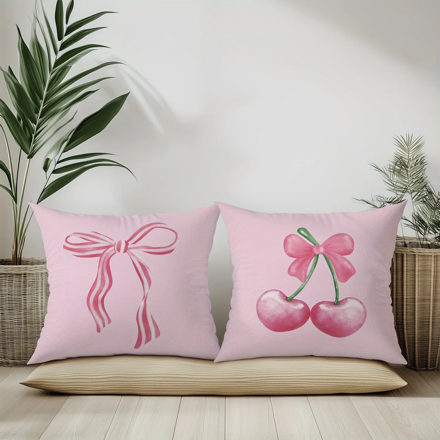 Pink bow cherry pattern printed pillowcase, soft and comfortable, sofa cushion cover, suitable for all kinds of rooms and places 4