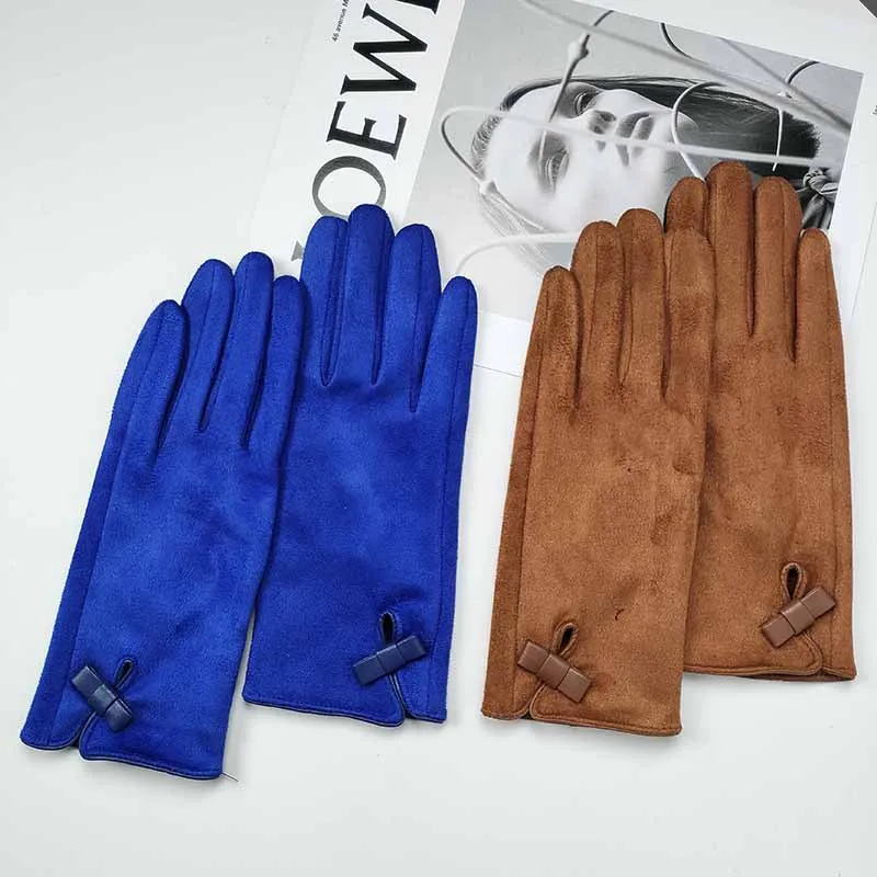 

Female Print Buttons Rabbit Velvet Thicken Driving Gloves For Sports Winter Fleece Outdoor Full Finger Touch Screen Warm Mittens