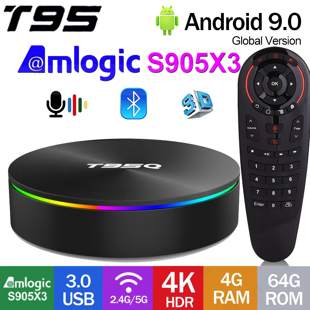 

Приставка Смарт-ТВ T95Q, Android 9,0, Amlogic S905X3, 4 ядра, 2,4/5 ГГц, Wi-Fi