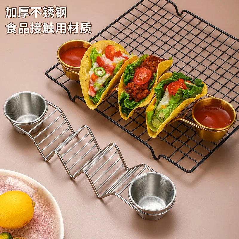 Stainless Steel Taco Holder Set Taco Shell Holder Stand with 2 Sauce Cups Stand Hold 3 Tortillas Kitchen Gadget
