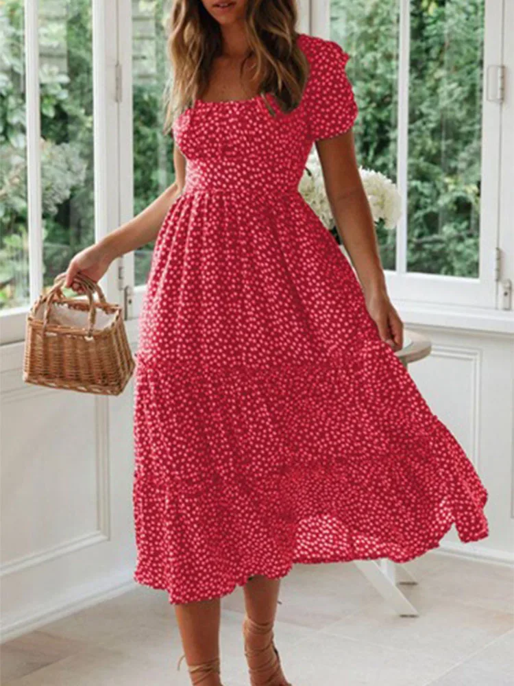 Vestidos 빈티지 프린트 퍼프 슬리브, 스퀘어 칼라 플로럴 맥시 롱 원피스, 여름 해변 스위트 드레스, 2024 페스타