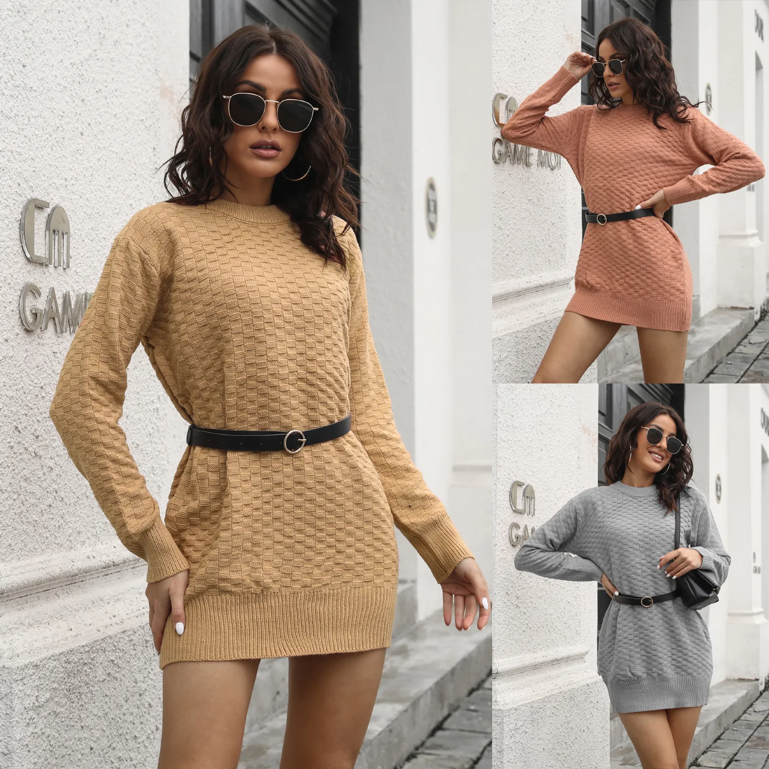 

Women's Autumn and Winter New Sweater Knit Dress with Belt Dresses