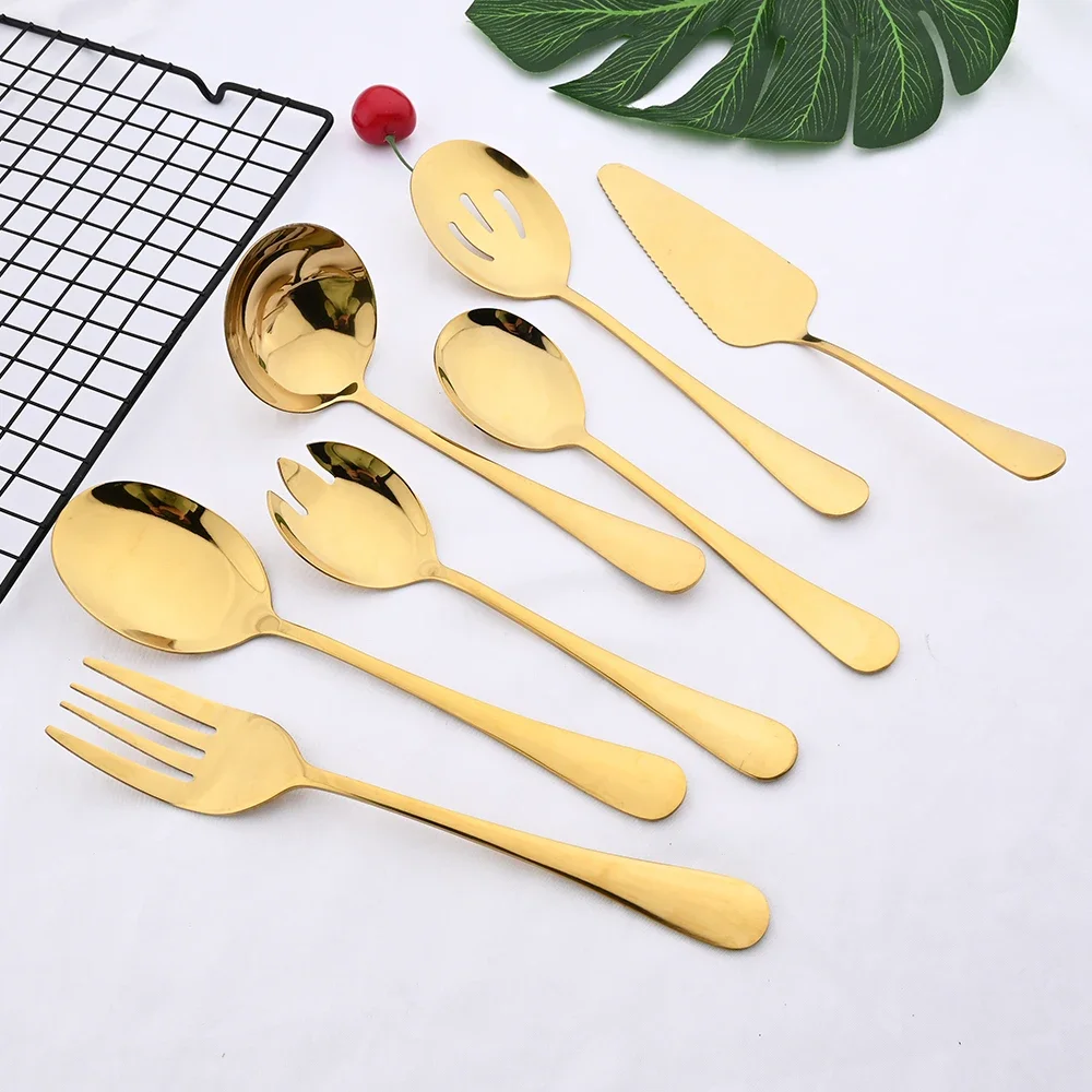 Salad Spoon Dinnerware Set Gold Unique Spoon Cutlery Set Salad Fork Stainless Steel Tableware Party Serving Flatware 2Pcs