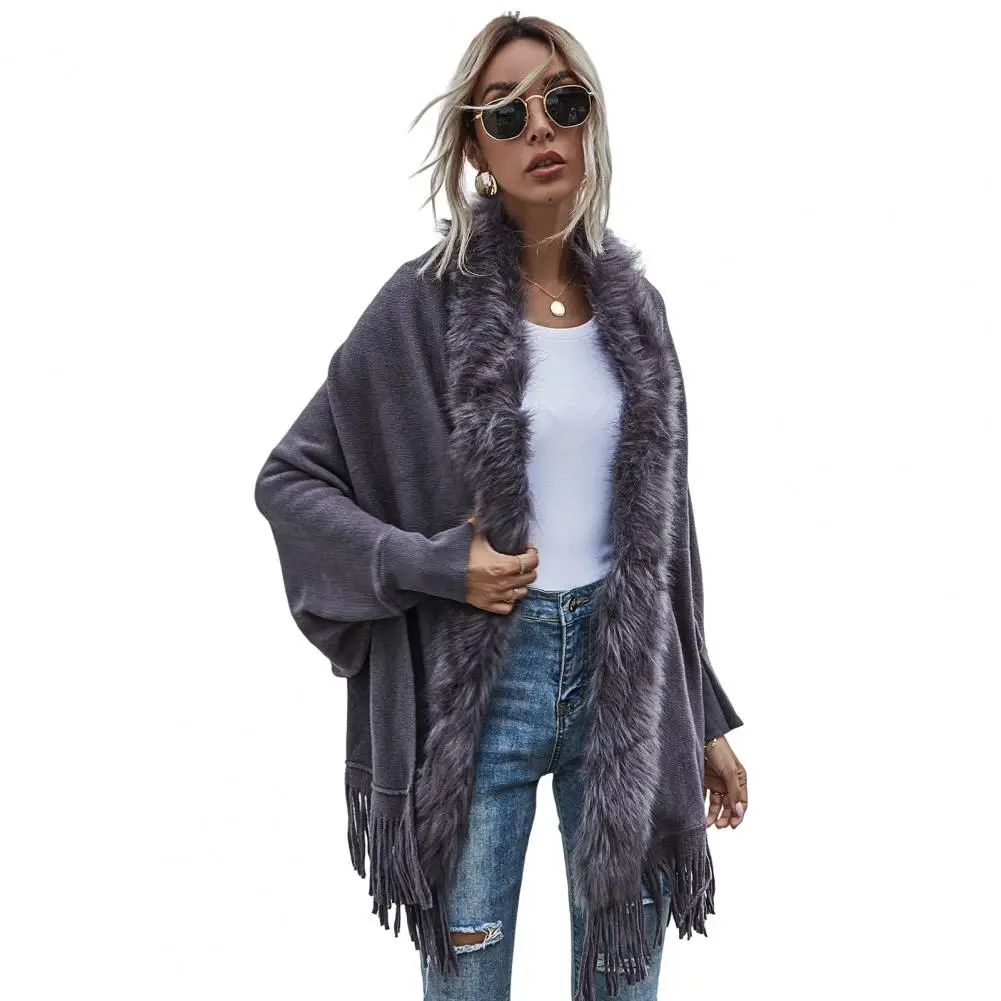 

Long Sleeve Open Stitch Loose Shawl Cardigan Fall Winter Fur Collar Tassel Hem Women Knitting Poncho 가을 여성 의류