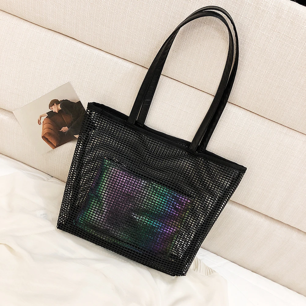 Women's Shoulder Handbags Large Capacity Shoulder Pack Beach Portable Mesh Bag Handbags Travel Bathing Pack Transparent Mesh Bag