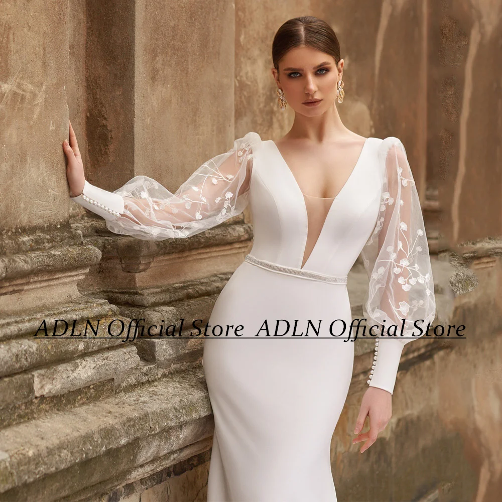 Women Mermaid Wedding Dress Detachable Tulle Skirt V Neck Puff Sleeves Lace Sweep Train Robe De Mariee Bridal Gown