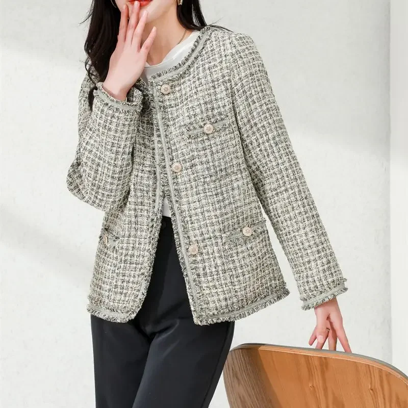 New Spring 2024 Tweed Women Jacket Gray Plaid Single Breasted Preppy Coat High-end Elegant Crew Neck Short Overcoat  Women Coat цена и фото