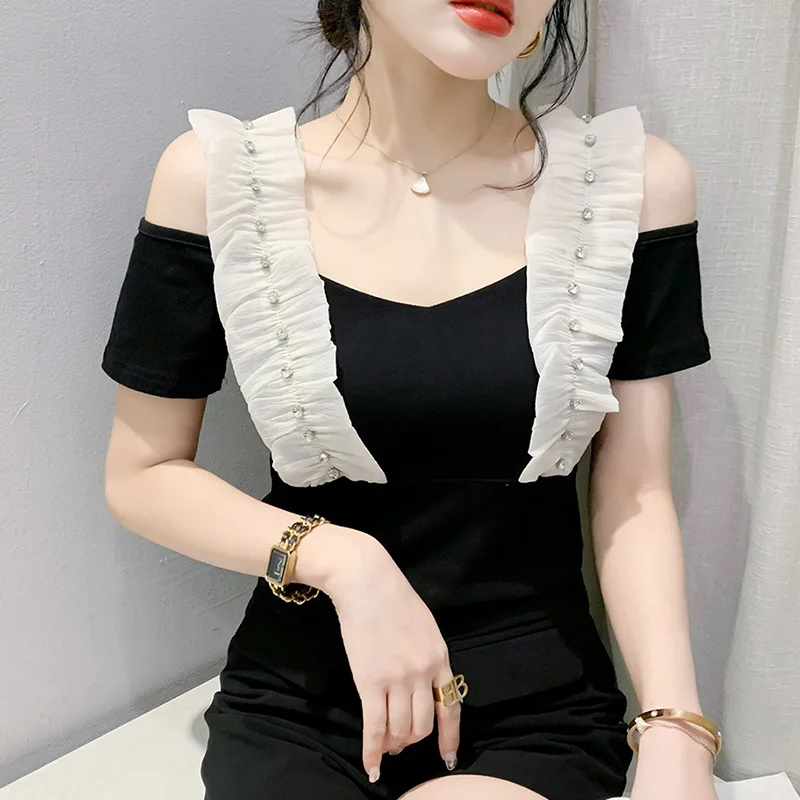 

#6759 Black Off Shoulder T Shirt Women Backless Tight T-shirt Femme Split Joint Mesh Women's Tee Shirt Diamonds Sexy Club Office