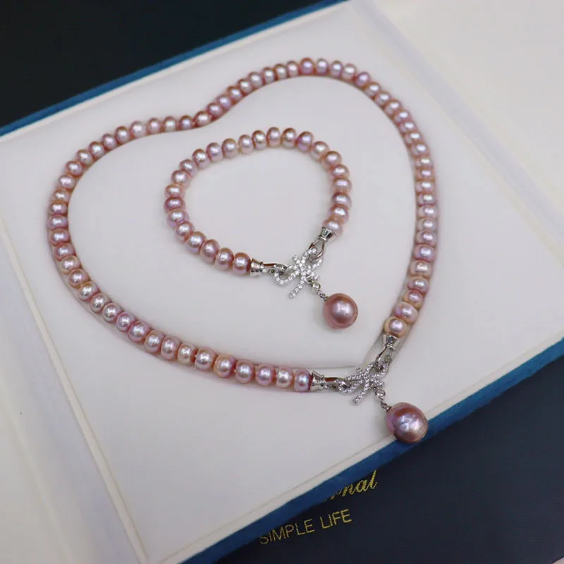 

8-9mm Purple Freshwater bow Pendant pearl necklace Bracelet set women's summer Korean version style fashion, simple and elegant