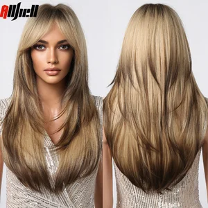 Длинный прямой светлый золотистый коричневый синтетический парик с челкой Многослойные волосы для женщин хайлайтер Косплей Хэллоуин парик термостойкий