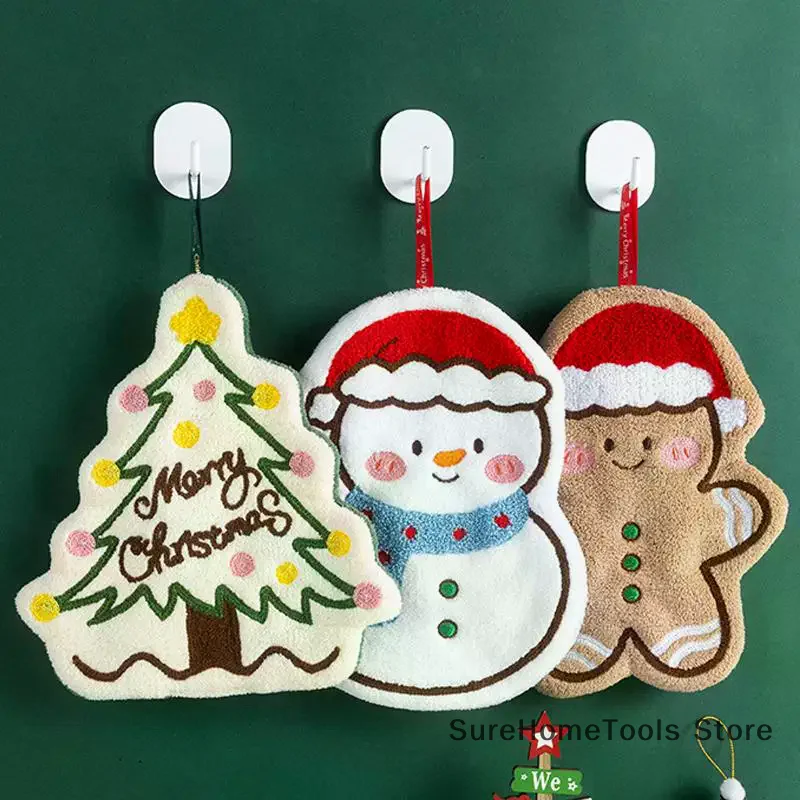 Christmas Coral Fleece Hand Towel Cartoon Gingerbread Man Snowman Tree Soft Absorbent Home Kitchen Bathroom Cleaning Cloth