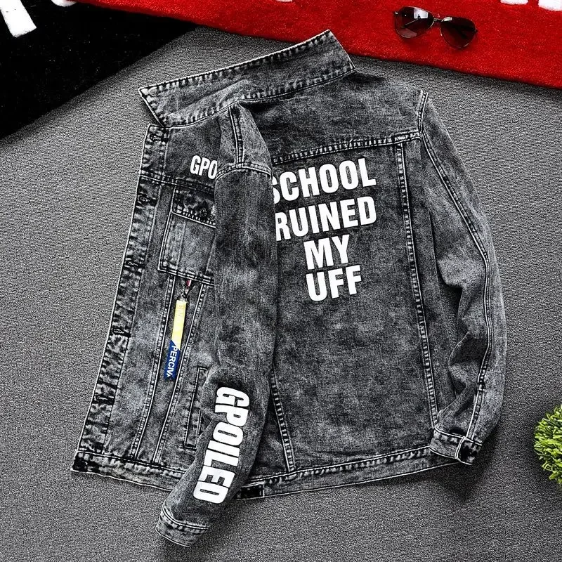 thumbnail image 1 of Chaqueta vaquera para hombre, color rojo, otoño, abrigos vaqueros para hombre, corte ajustado, con estampado punk, precio económico, ropa de abrigo elegante, ropa de hombre de talla grande, talla gran, 1 of 4