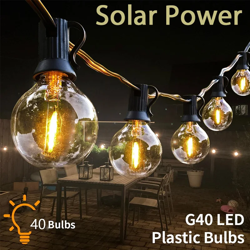 

40Bulbs Outdoor Solar Power String Lights G40 Globe Lamp Waterproof IP44 Mini LED Garland Bulb Decoration For Wedding patio Home