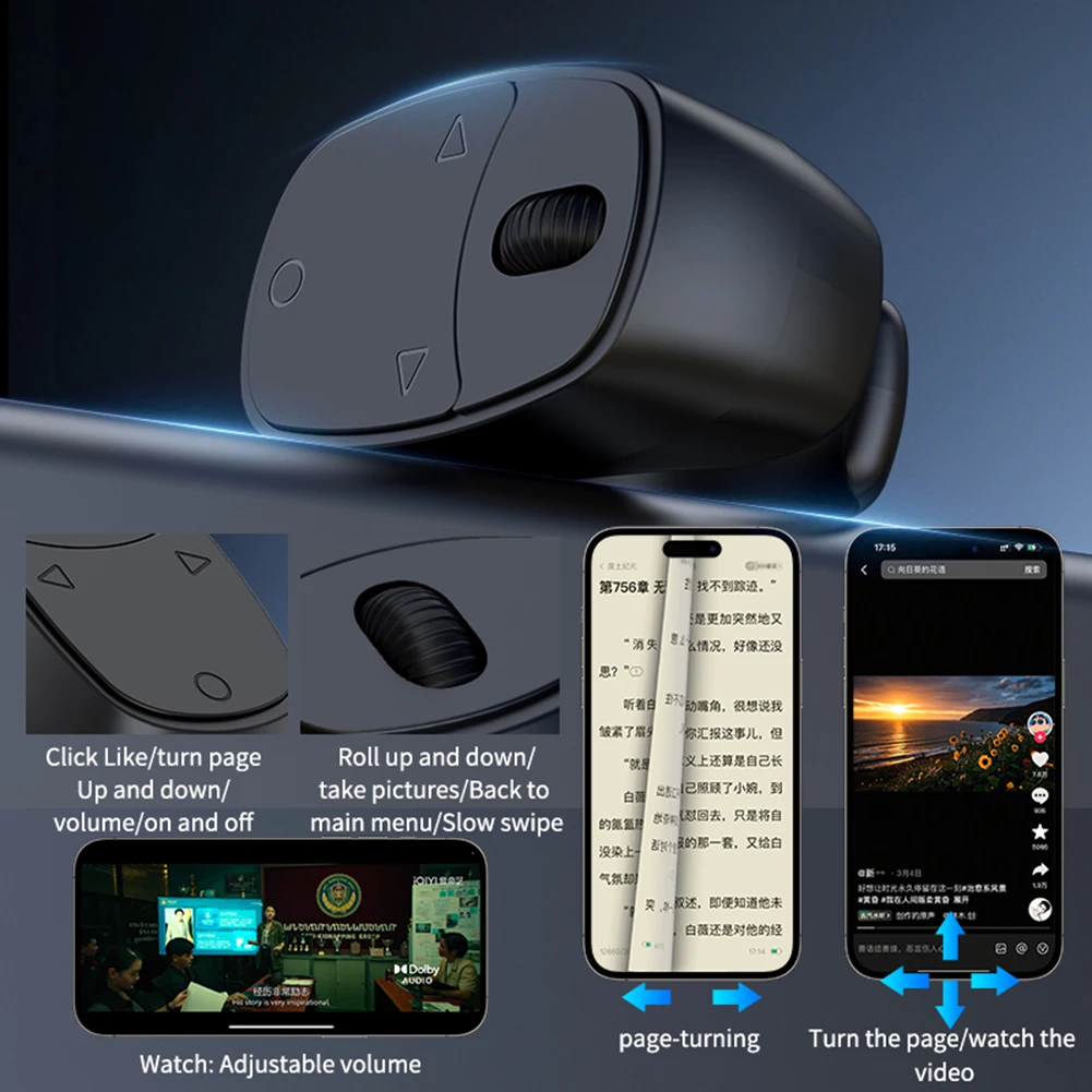 For Tiktok Fingertip Remote Control Wireless Bluetooth Scrolling Ring Multi-Function Selfie Button Page Turner for iOS Android remote control ring