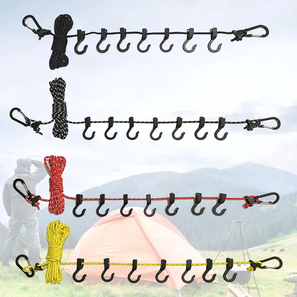 Camping Clothesline Rope 5m Laundry Drying Hanging Rope Multi-purpose Adjustable Anti-slip With 7 Hook For camping clothesline rope