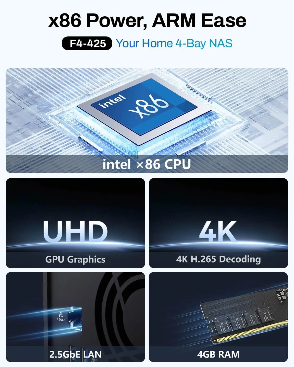 TERRAMASTER F4-425 4베이 NAS 스토리지 네트워크 인텔 x86 쿼드코어 CPU 내장 스토리지 (디스크 미포함)