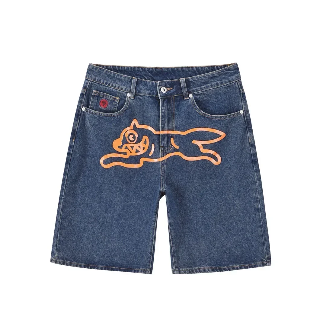 Hip hop Fly Dog print denim shorts men wide leg loose retro jeans Y2k streetwear fashionable shorts Jorts summer new collection