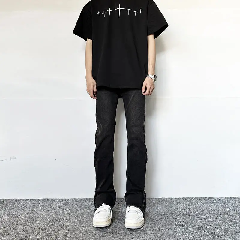 Jeans High Street Men's and Women's American Fashion Retro Wash Black Slim Fit Slim Side Zipper Micro Horn Pants