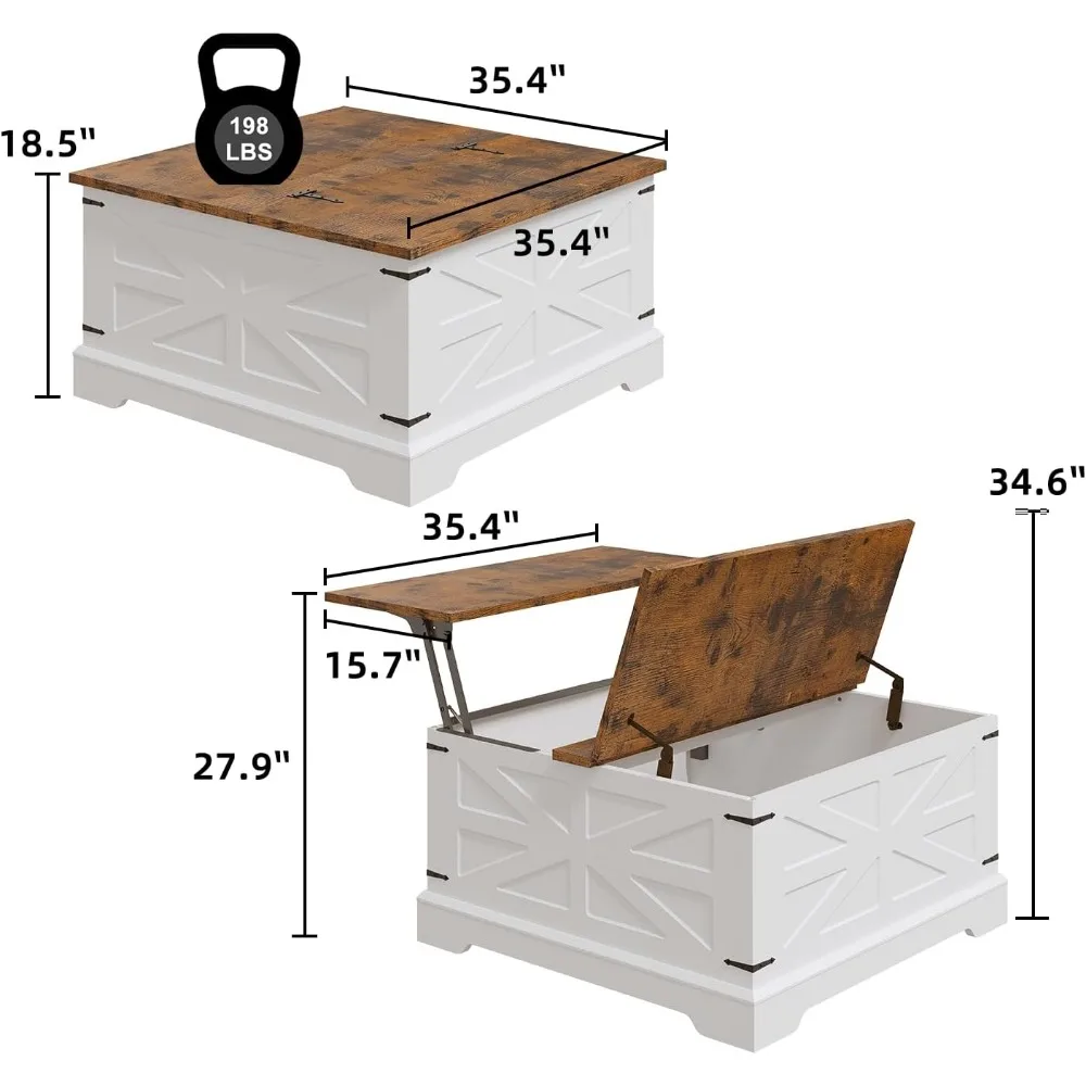 Farmhouse Coffee Table with, 35.4" Wood Square Center Table with Large Hidden Compartment, Rustic Lift Tabletop Dining Table 3
