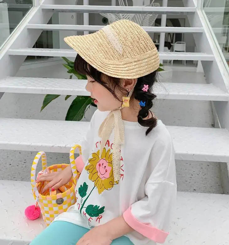 Cute Vintage Children Baby Girls Straw Plaited Hat Lace Up Beach Holiday Outdoor Summer Sun Block Hat Cap for Kids Sun Hats 4