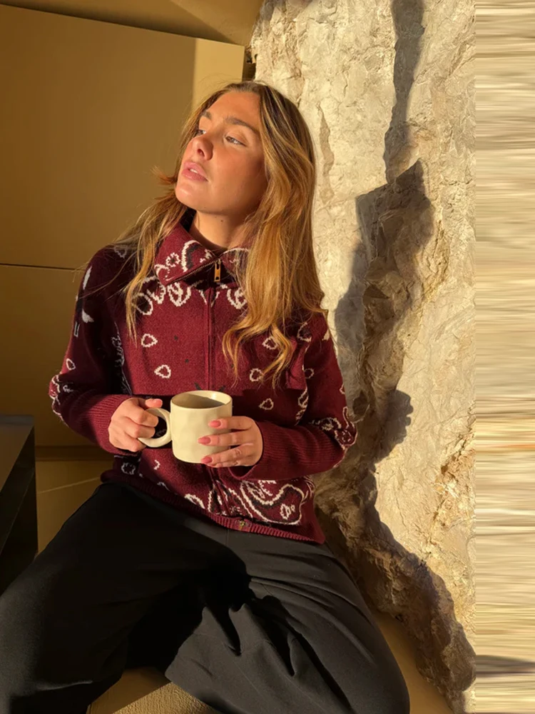 Stehkragen-Strickjacke mit Print für Damen, elegant, langärmelig, mit Reißverschluss, locker, warm, für Frühling und Herbst, neu, Damen-Oberteil für den Arbeitsweg – Detail 19