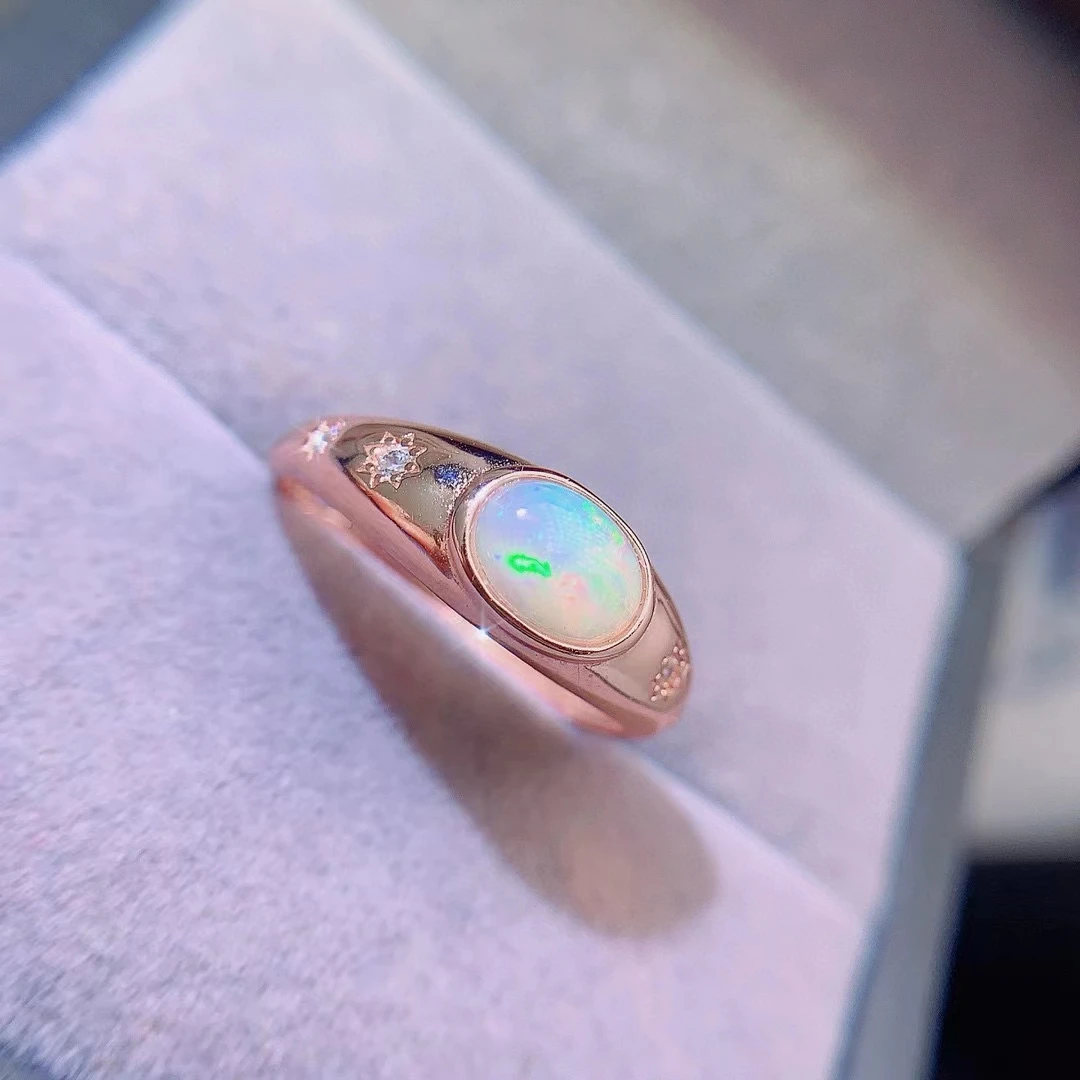 Solid 925 Silver Opal Ring for Daily Wear 5mm*7mm Natural Australia Opal Ring with 3 Layers 18K Gold Plating Keep Shining