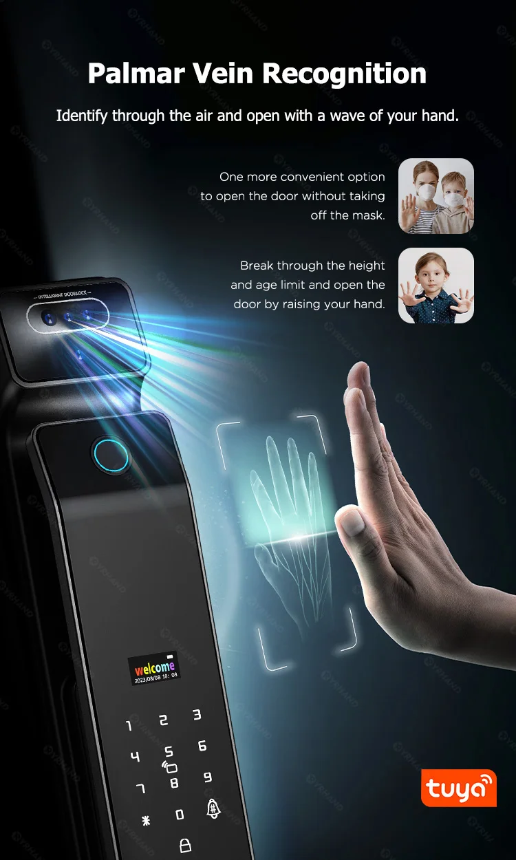 Real Time Intercom Palm Vein Recognition Intelligente Tuya Wifi  3DFace Unlock Outdoor Front Smart Digital Door Lock With Camera