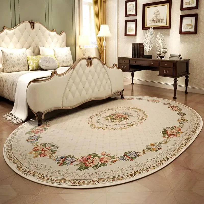 Living Room Carpets European Pastoral Style Oval Bedroom Bedside Rug Flower Printed Cloakroom Plush Floor Mats Alfombra Ковер 러그 4