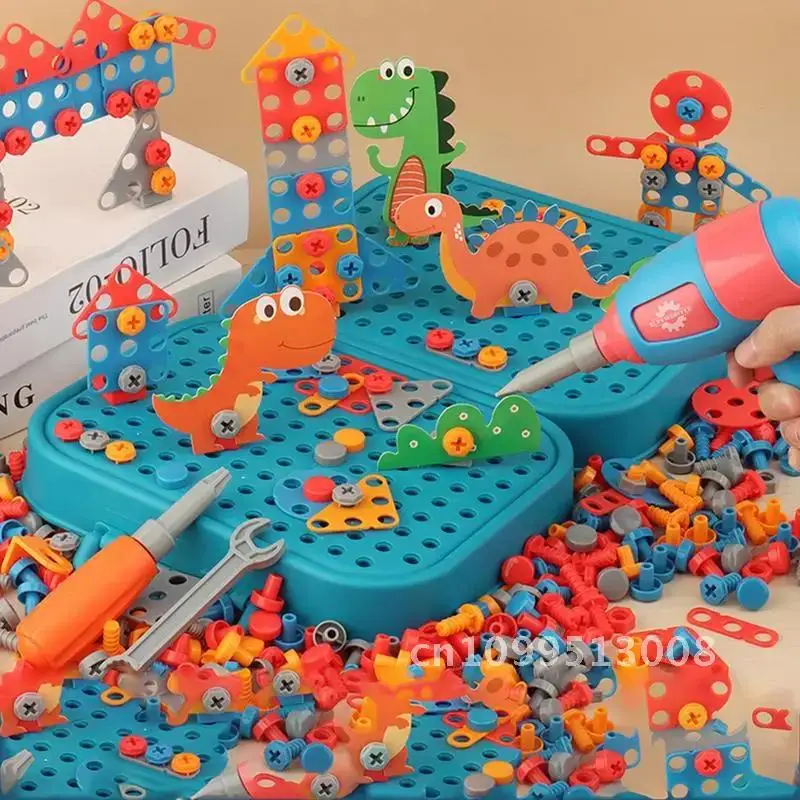 Electric Drill Screw Kit Kids Toys 3D Creative Dinosaur Puzzle Educational Toys Children Building Bricks Diy Children Gift