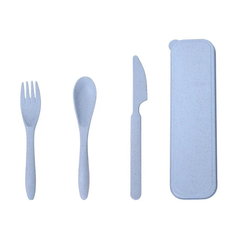Wheat Tableware Three-piece Set Portable Cutlery Box Set Plastic Cutlery for Students Children Office Workers