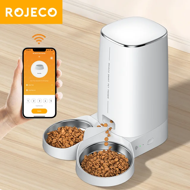 ROJECO Automatic Cat Feeder Pet Smart Cat Food Kibble Dispenser Remote Control Auto WiFi Double Feeder For Cats Dog Accessories 1