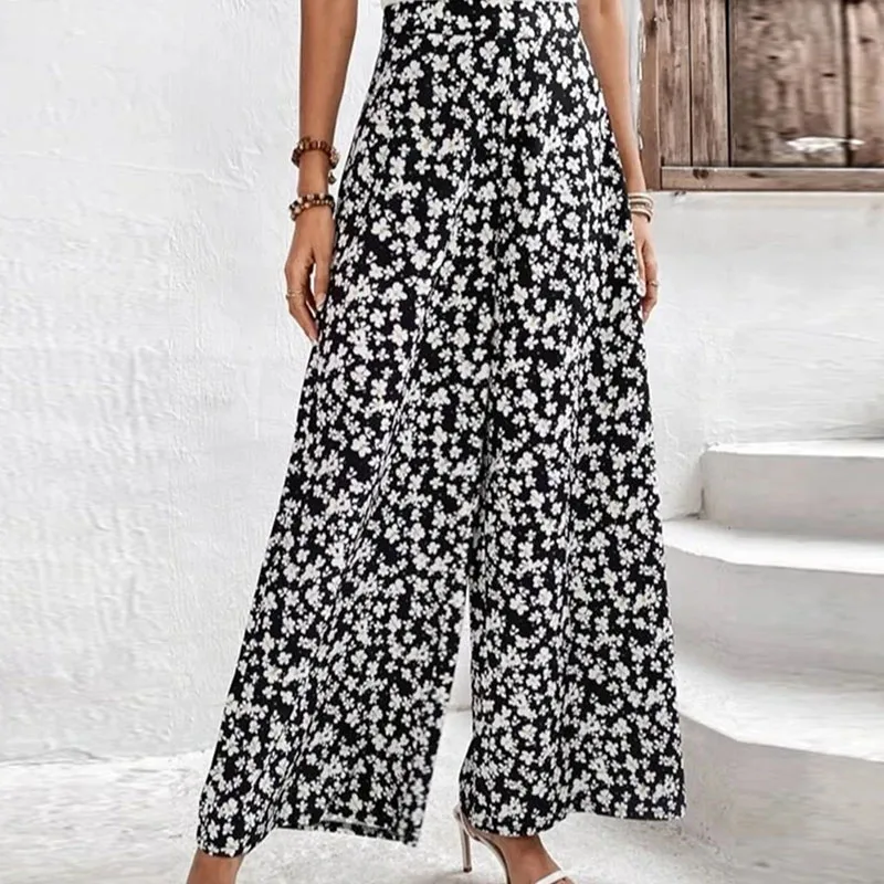 

Women Elegant Pattern Print Loose Trousers Summer Casual Elastic Waist Long Pants Office Ladies Summer Fashion Wide Leg Pants