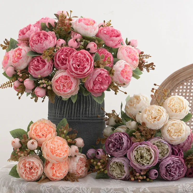 bouquet di peonie artificiali (rosa chiaro), 10 fiori di peonie finte