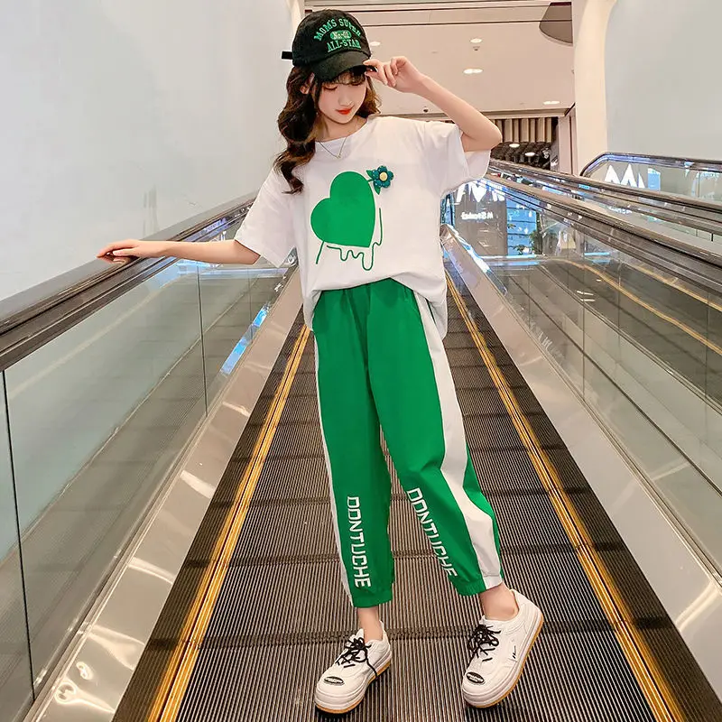 

2023 Summer Girl Suit Baby Short Sleeve Top +Pant 2pc Girls Outfits Loose Kids Sportswear Casual Children Clothing Sets