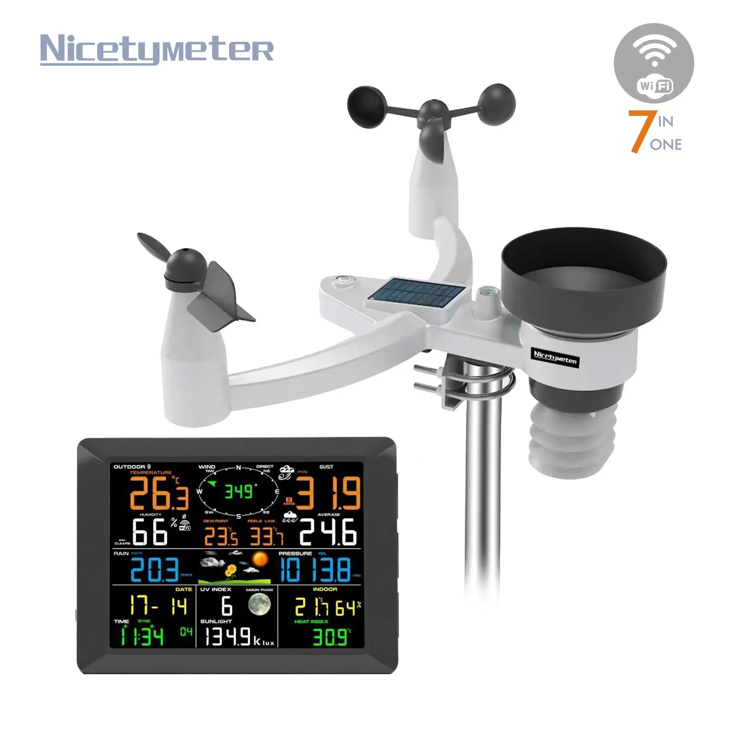 NicetyMeter station météo radio avec capteur extérieur 5-en-1 écran 5,1  pouces, capteur extérieur pour température, humidité, pression  atmosphérique, vitesse et direction du vent et pluviomètre - AliExpress