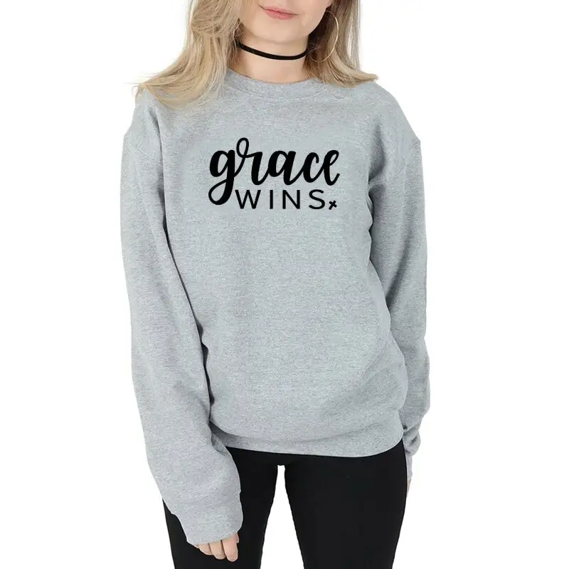 Grace Wins Funny Slogan Round Neck Christian Jesus Hoodies Pulloves 100% Cotton Harajuku Women Sweatshirt Full Long Sleeve Shirt