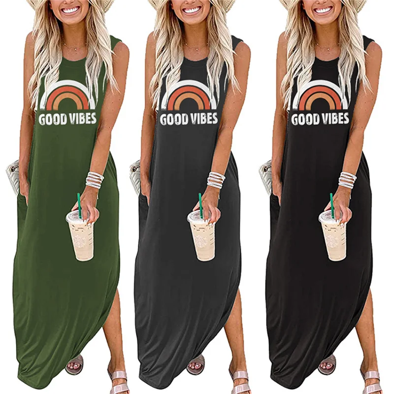 

new fashionable cotton women's dress Good Vibes rainbow pocket casual vintage crewneck sleeveless vest dress