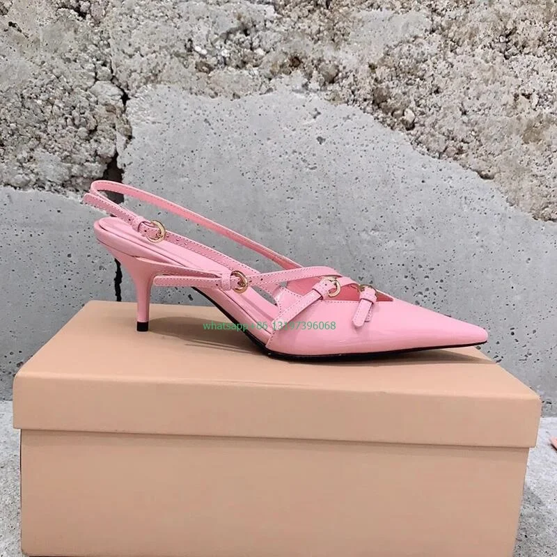 

Lady pink red color pointed toe buckle strap pumps sexy slingback party vintage style high heels muti-buckle daily causal shoes