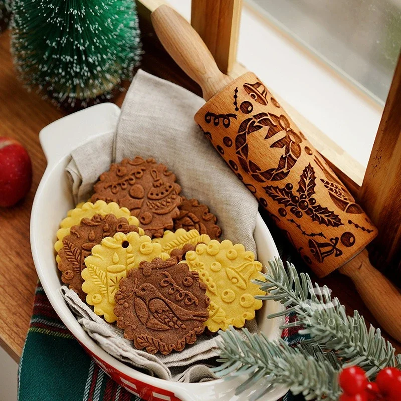 Description Picture 5 of item1 pcs Wooden Embossed Rolling Pin with Pattern for Kitchen Pastry, Baking Tools, Deep Engraving Cookies Stamp Tool