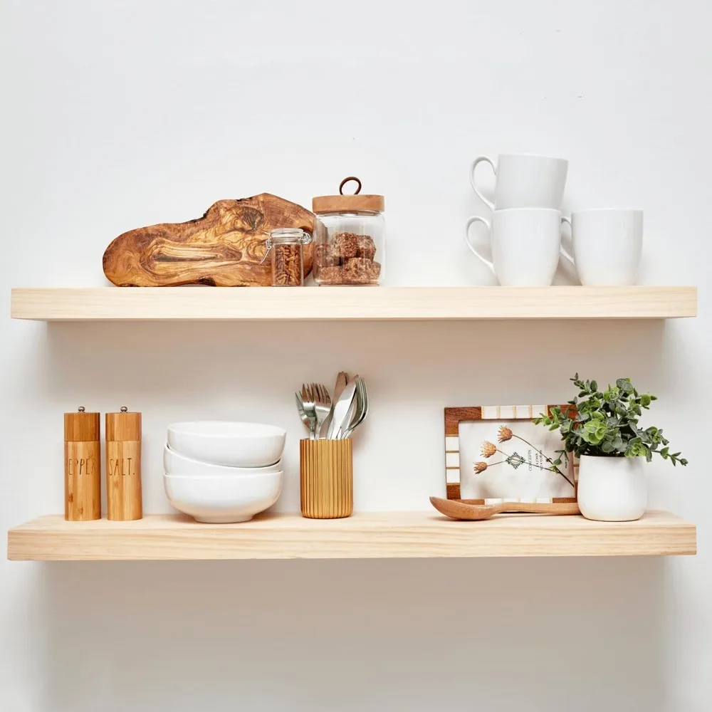 Rustic Farmhouse Floating Shelves, Bathroom Wooden Shelves for Wall Mounted, Thick Industrial Kitchen Wood Shelf