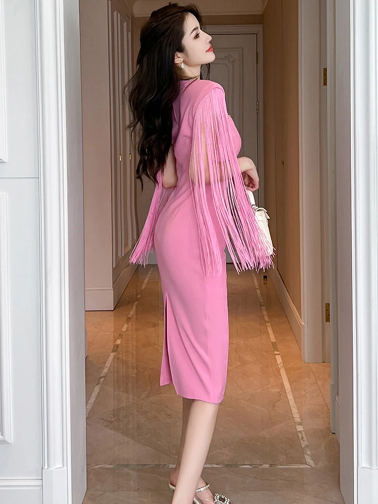 French Elegant Sweet Midi Dress for Women 2023 High Quality Pink Tassel Bodycon Slit Robe Femme Party Prom Vestidos Catwalk Show