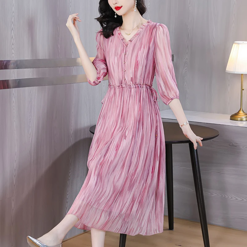 

2023 New Fashion Silk Mulberry Silk Dress Women's Summer Versatile V-neck 7/4 Sleeve Loose Fit Leisure Vacation Vestidos