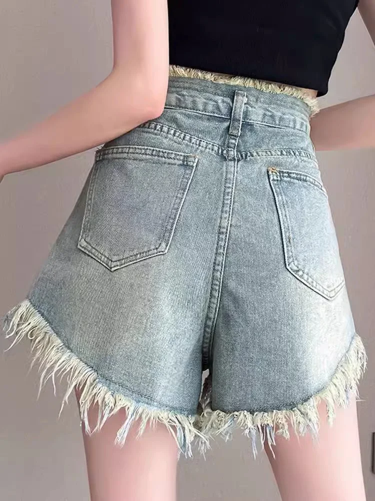 New Women Summer American Retro Shorts Fashion High Waist A-Line Ragged edge Denim Shorts Casual Vintage Blue Thin Shorts