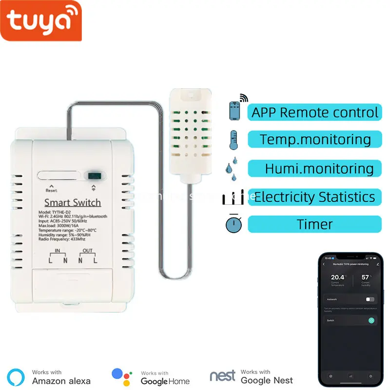 WiFi TH-16สวิทช์ Tuya ไร้สายควบคุมการใช้พลังงานการตรวจสอบความชื้นและอุณหภูมิเทอร์โมรองรับ Alexa 1
