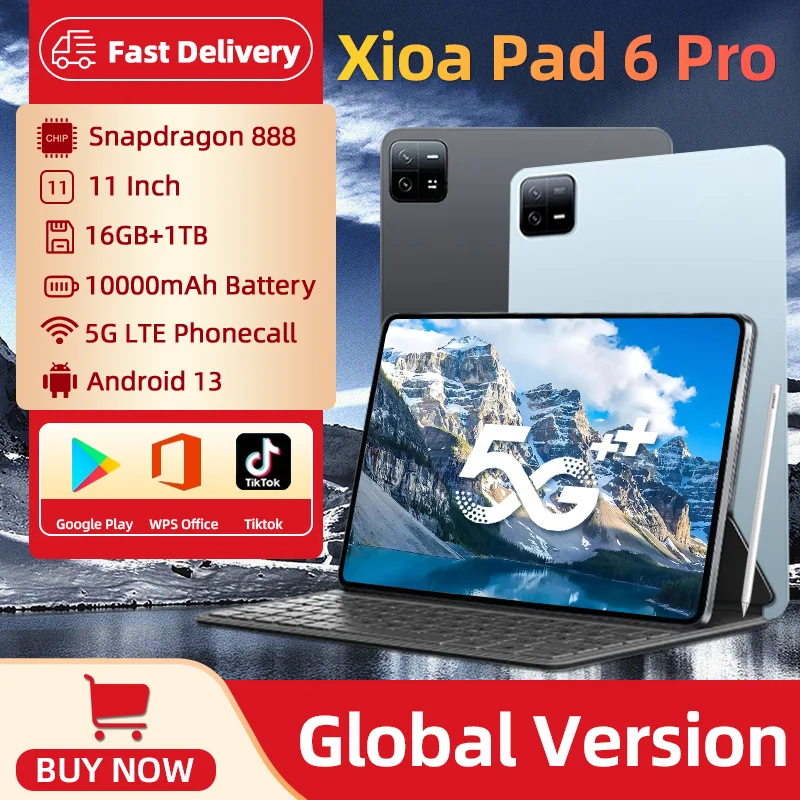 2024 오리지널 HD 패드 6 프로 글로벌 버전, 안드로이드 13, 10000mAh 태블릿 PC, 스냅드래곤 888 RAM, 16GB, 512GB, 5G 스크린, 와이파이, 미 탭