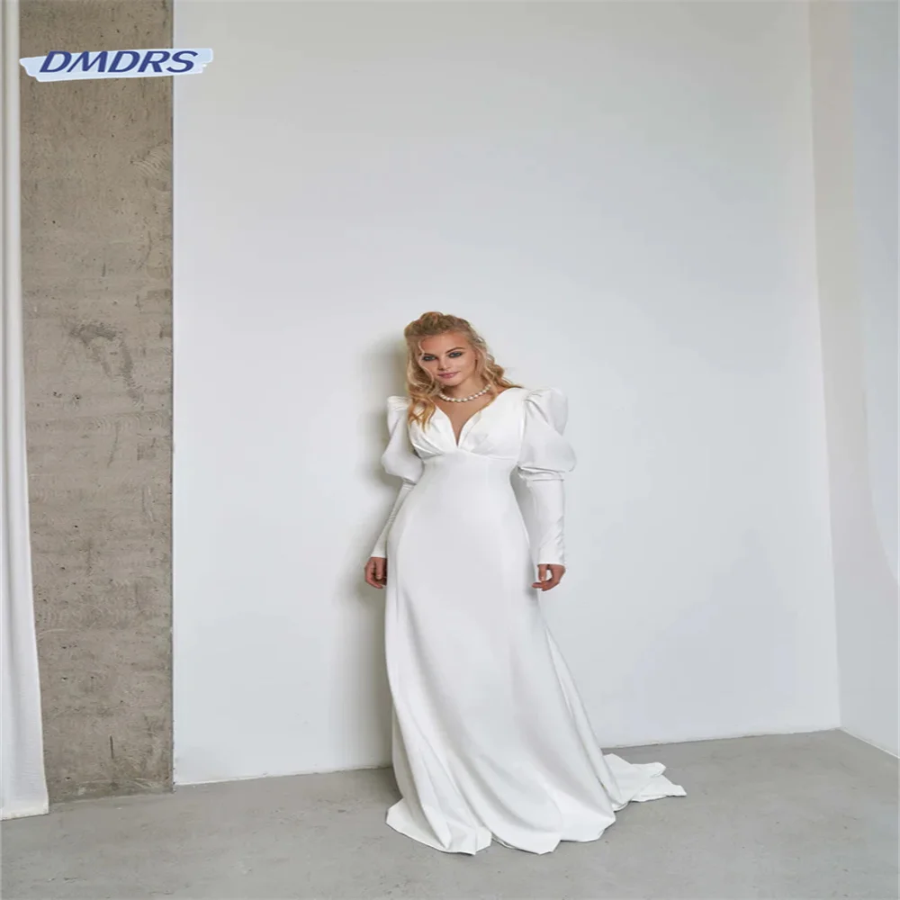 

Simple Long Sleeve V-neck Wedding Dress Elegant Floor-length A-line Bridal Gown Beach Vestidos De Novia