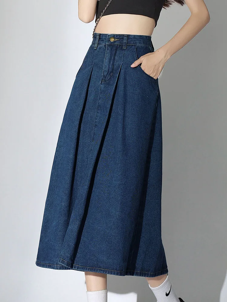 Vintage High Waist A-Line Jeans Skirts Women Denim Skirt 2023 New Pocket Blue Midi Saias Mujer Streetwear Korean Fashion Y2K fennec halfmoon accordion pocket dusty blue