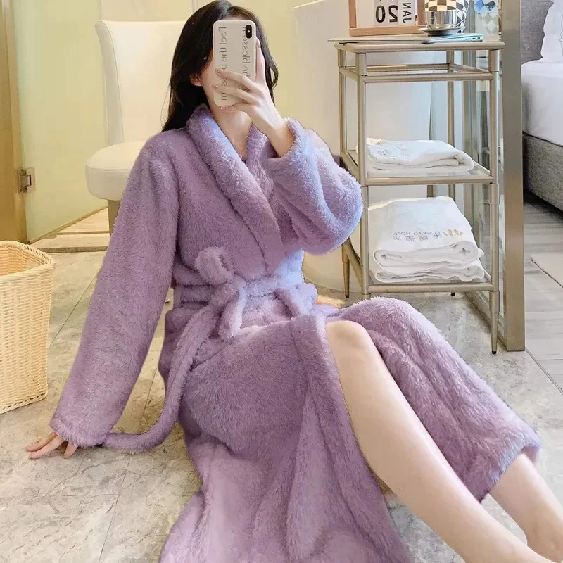 2022 플란넬 나이트가운, X-롱 목욕 가운, 두꺼운 솜털, 따뜻한 가정 서비스, 여성 허리띠, 잠옷, 가디건 재킷, 가을, 겨울