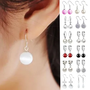 White Opal Bead Earrings Korean Silver Plated Drop Earrings For Women Earing Jewelry Earings Cat's Eye Stone Earring CF7